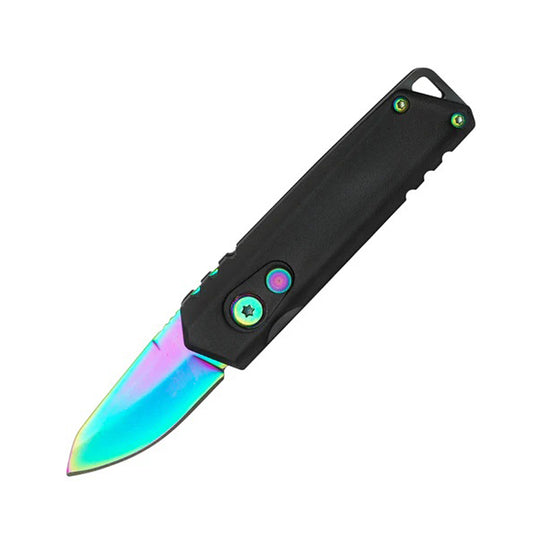 5" Rainbow Blade Aluminum Handle Push Button Folding Knife With Belt Clip