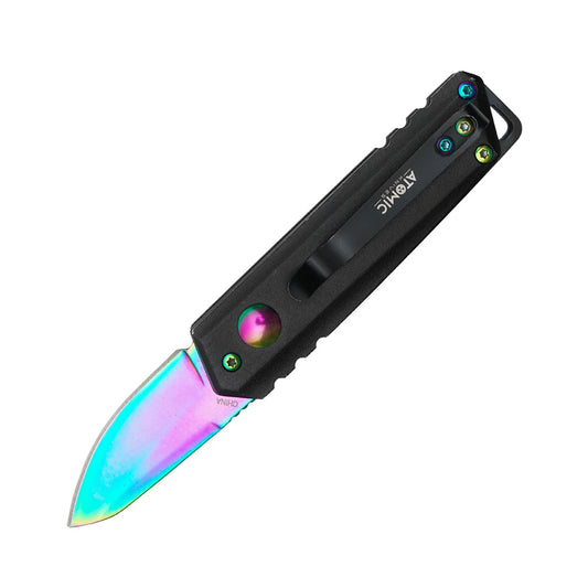 5" Rainbow Blade Aluminum Handle Push Button Folding Knife With Belt Clip