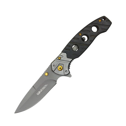 8" Gray Steel Blade w/ Perforated Black Wood Inlay Spring Assisted Folding Knife With Clip