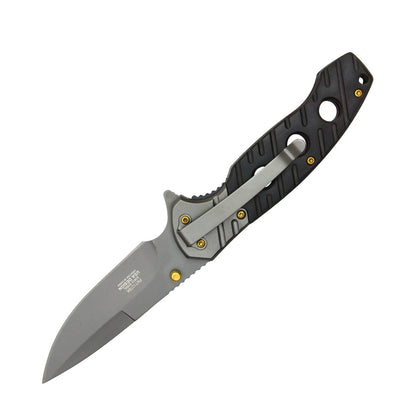 8" Gray Steel Blade w/ Perforated Black Wood Inlay Spring Assisted Folding Knife With Clip