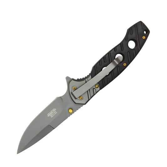 8" Gray Steel Blade w/ Perforated Black Wood Inlay Spring Assisted Folding Knife With Clip