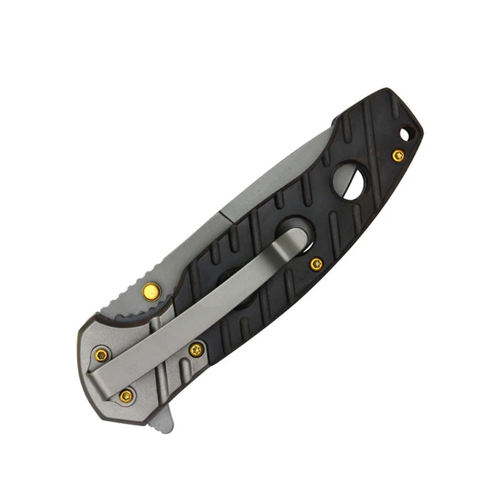 8" Gray Steel Blade w/ Perforated Black Wood Inlay Spring Assisted Folding Knife With Clip