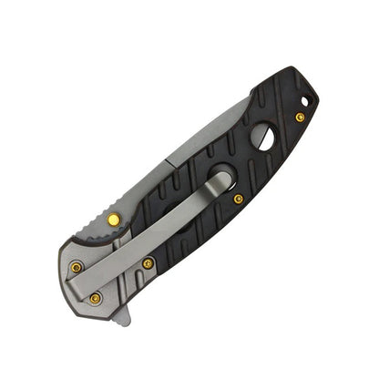 8" Gray Steel Blade w/ Perforated Black Wood Inlay Spring Assisted Folding Knife With Clip
