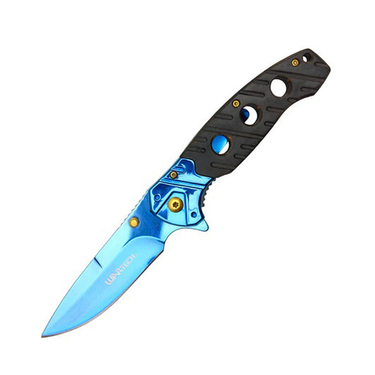 8" Blue Chrome Blade w/ Perforated Black Wood Inlay Spring Assisted Folding Knife With Clip