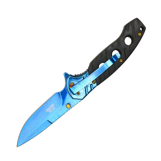 8" Blue Chrome Blade w/ Perforated Black Wood Inlay Spring Assisted Folding Knife With Clip