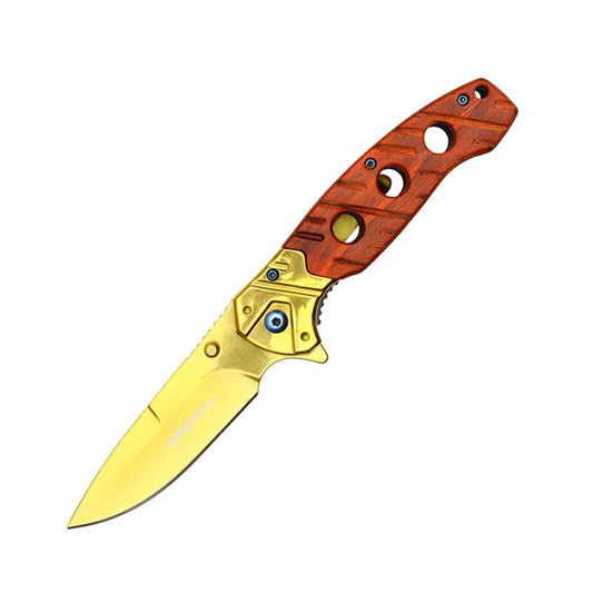 8" Gold Blade w/ Perforated Cherry Wood Inlay Spring Assisted Folding Knife With Clip