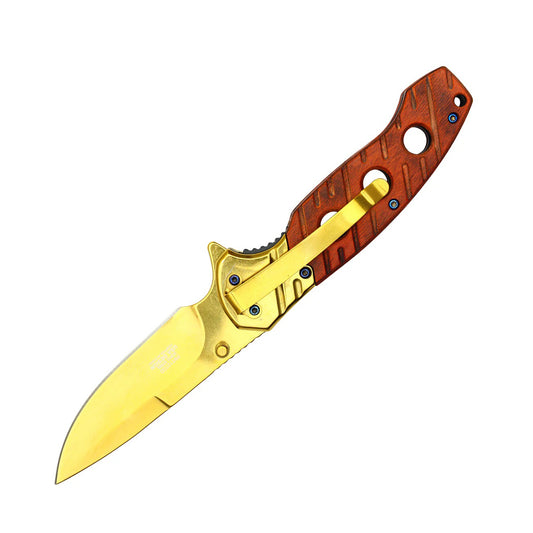 8" Gold Blade w/ Perforated Cherry Wood Inlay Spring Assisted Folding Knife With Clip