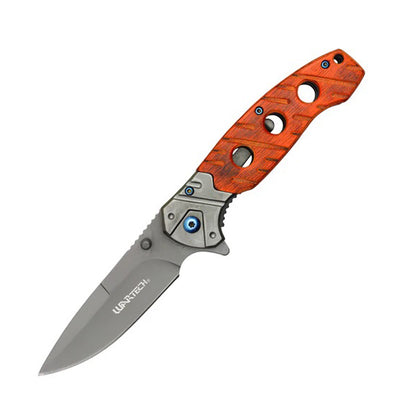 8" Grey Blade w/ Perforated Cherry Wood Inlay Spring Assisted Folding Knife With Clip