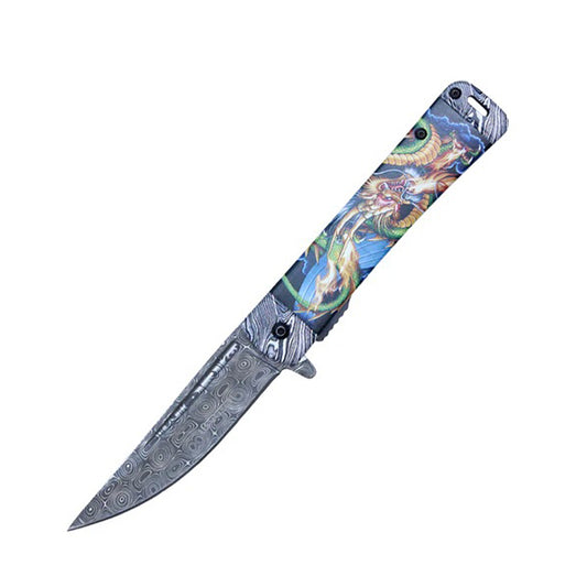 8" Dragon Print Handle Damascus Etched Blade Spring Assisted Pocket Folding Knife