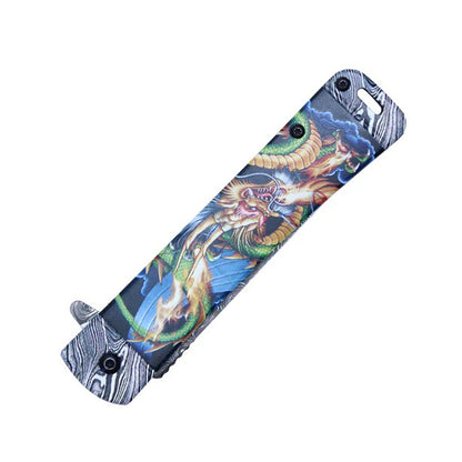 8" Dragon Print Handle Damascus Etched Blade Spring Assisted Pocket Folding Knife