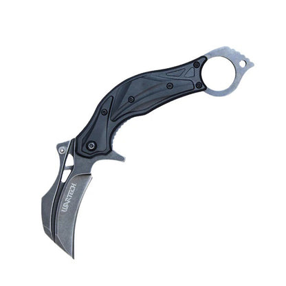 7" Black Stonwashed 3CR13 Blade Karambit Folding Knife w/ Belt Clip & Finger Hole