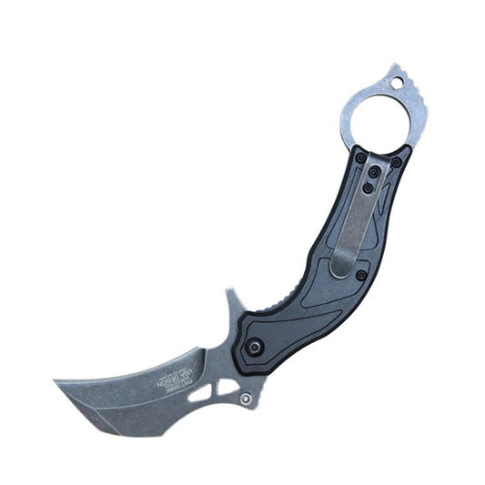 7" Black Stonwashed 3CR13 Blade Karambit Folding Knife w/ Belt Clip & Finger Hole