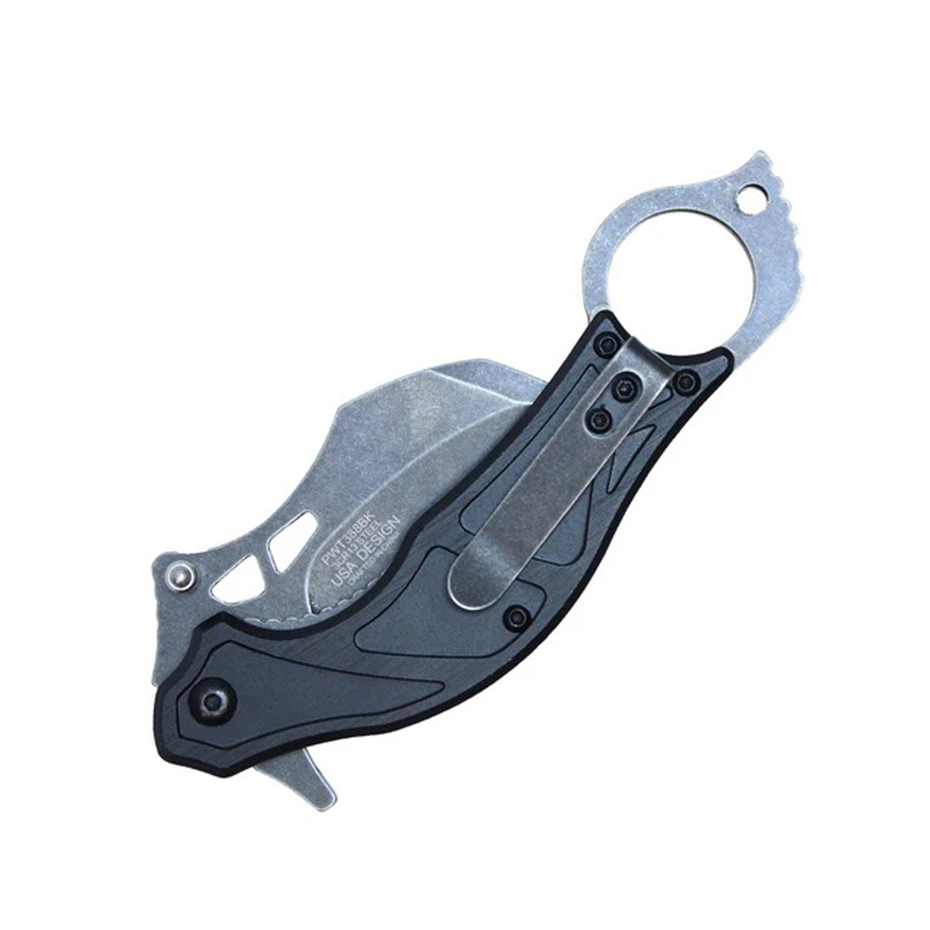7" Black Stonwashed 3CR13 Blade Karambit Folding Knife w/ Belt Clip & Finger Hole