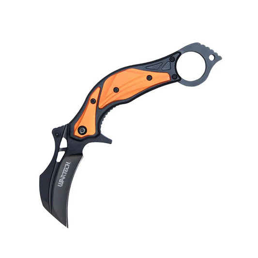 7" Black & Orange Aluminum Handle Karambit Folding Knife w/ Belt Clip & Finger Hole