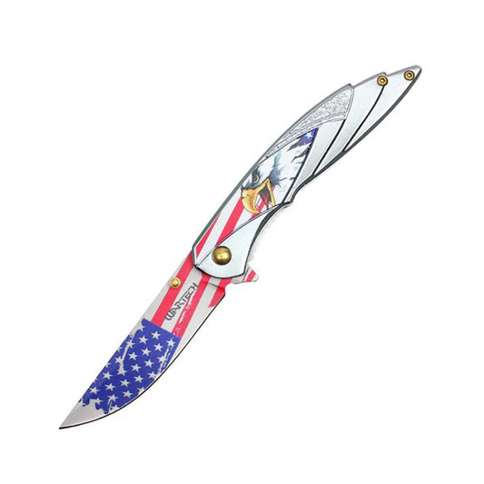 8" Silver Eagle Print Handle USA Flag Blade Pocket Folding Knife With Belt clip