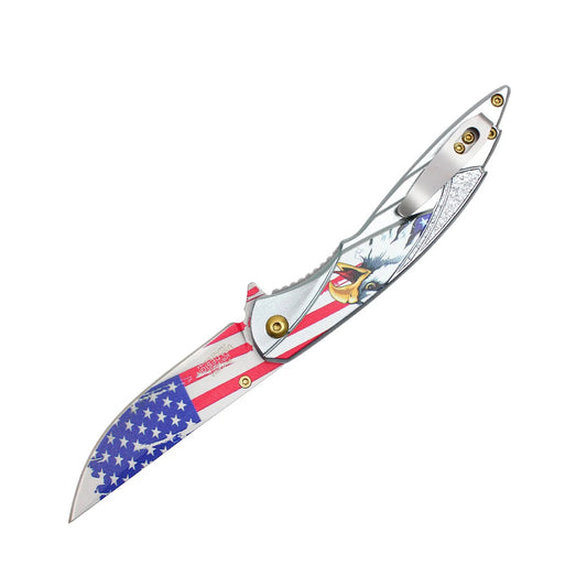 8" Silver Eagle Print Handle USA Flag Blade Pocket Folding Knife With Belt clip