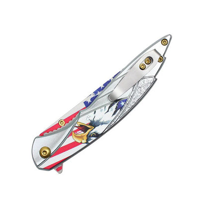 8" Silver Eagle Print Handle USA Flag Blade Pocket Folding Knife With Belt clip