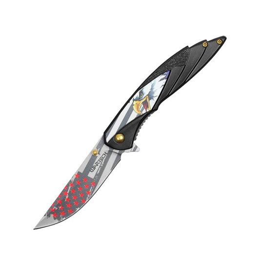 8" Black Eagle Print Handle USA Flag Blade Pocket Folding Knife With Belt clip