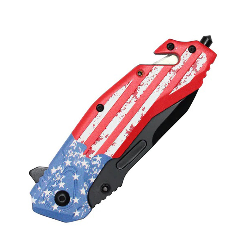 8.5" 3D Printed USA Flag Handle Spring Assisted Pocket Knife With Glass Breaker