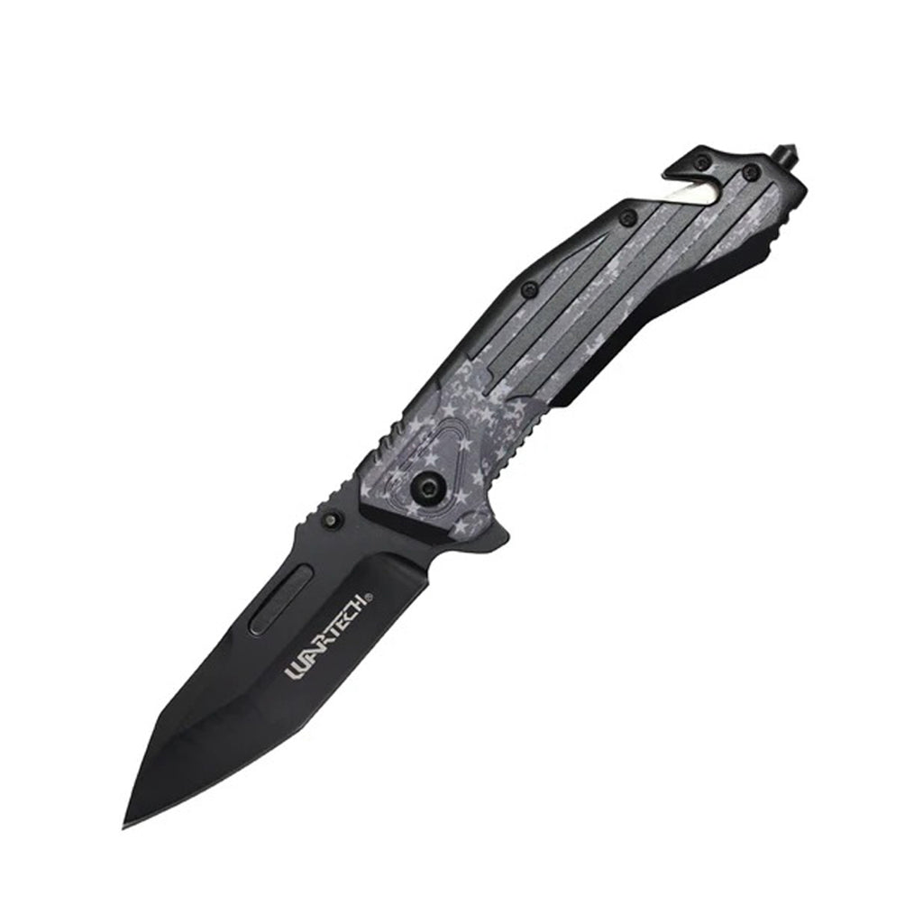 8.5" 3D Printed Dark USA Flag Handle Spring Assisted Pocket Knife With Glass Breaker