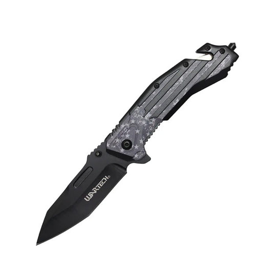 8.5" 3D Printed Dark USA Flag Handle Spring Assisted Pocket Knife With Glass Breaker