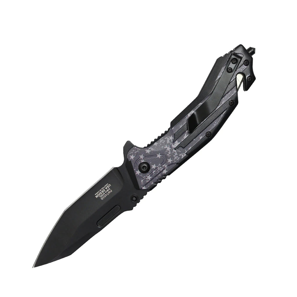 8.5" 3D Printed Dark USA Flag Handle Spring Assisted Pocket Knife With Glass Breaker