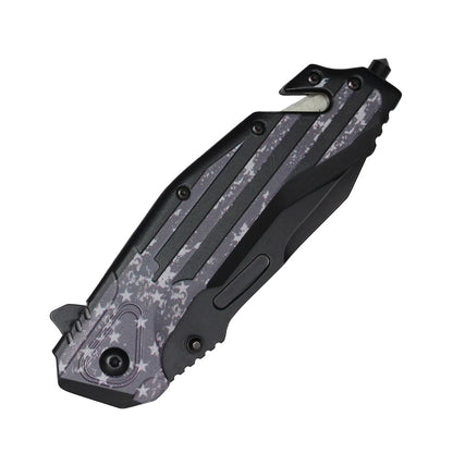 8.5" 3D Printed Dark USA Flag Handle Spring Assisted Pocket Knife With Glass Breaker