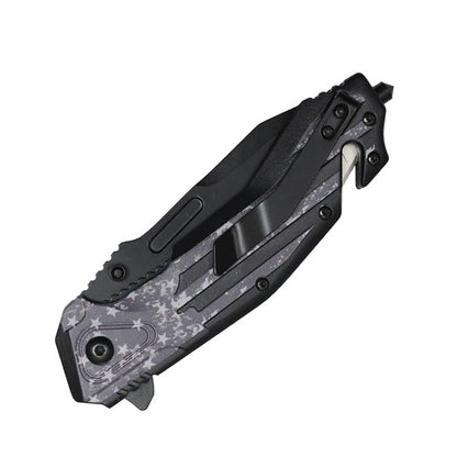 8.5" 3D Printed Dark USA Flag Handle Spring Assisted Pocket Knife With Glass Breaker