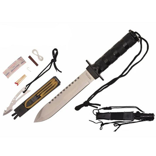 11.25" Black Metal Handle Survival Knife With Survival Kit & Sheath