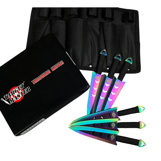 6 Piece Set 6" Rainbow Color Arrow Head Throwing Knife W/ Black Cord Wrapped Handle 