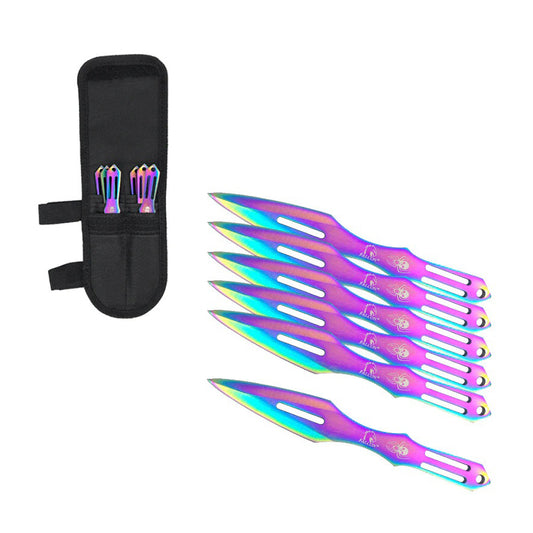 6 PC Set 5.5" Rainbow Color Spider Skull Throwing Knife Set With Nylon Pouch
