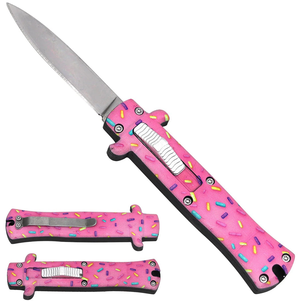 5.25" Sprinkles Design Pink Handle Stainless Steel Single Edge Blade Mini Folding Knife