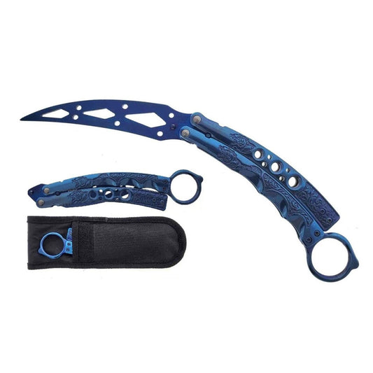 9" Blue Color Stainless Steel Blade Butterfly Folding Practice Trainer Knife 