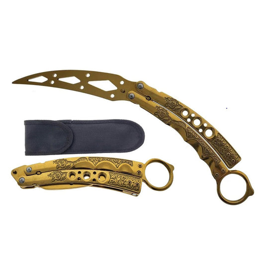 9" Gold Color Stainless Steel Blade Butterfly Folding Practice Trainer Knife 