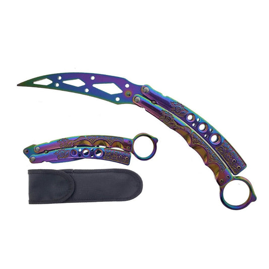 9" Rainbow Color Stainless Steel Blade Butterfly Folding Practice Trainer Knife 