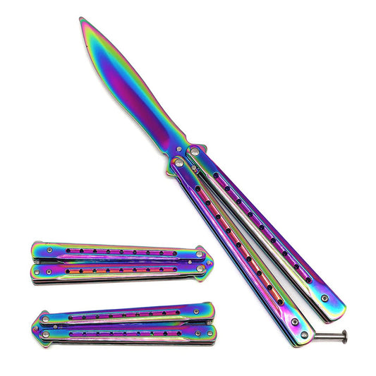 9.25" Rainbow Coated Stainless Steel Blade Butterfly Folding Practice Trainer Knife 