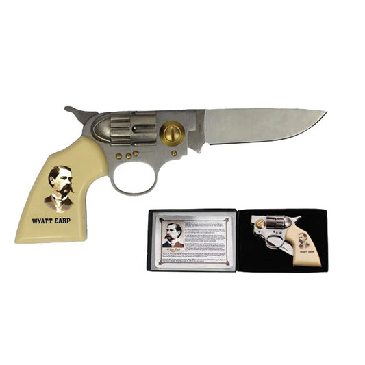 8" Wyatt Earp Photo Handle Gun Style Folding Knife With Gift Box