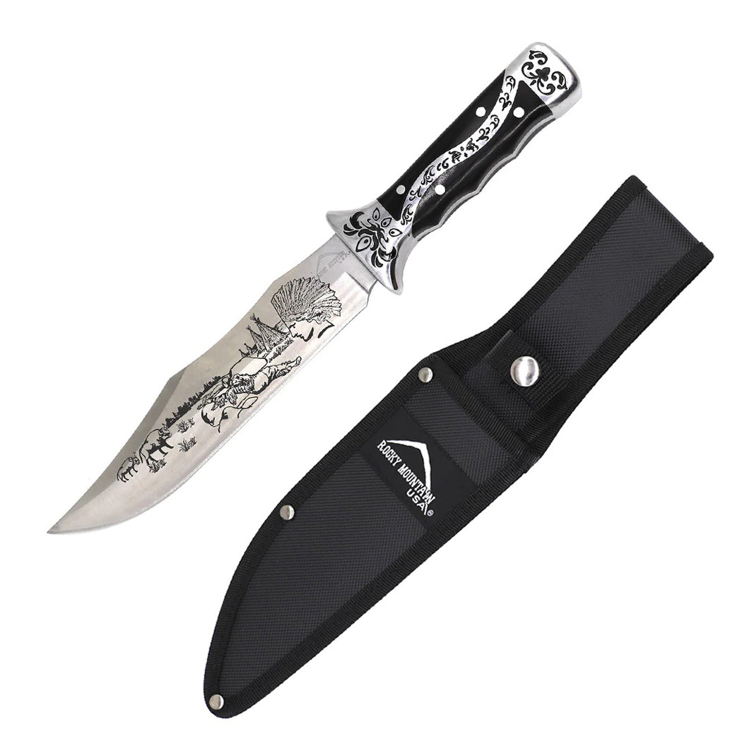 13.5" Native American Engraved Blade Wood Handle Hunting Knife With Sheath