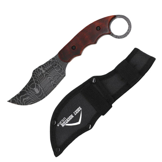 7" Damascus Pattern Blade Brown Wood Handle Hunting Knife With Sheath