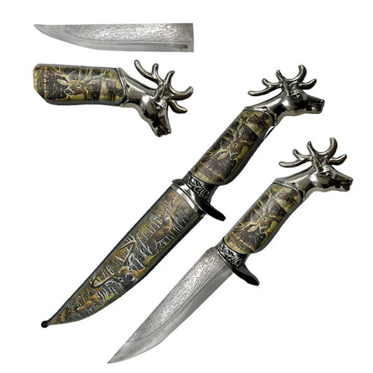 13.5" Deer Head Stainless Steel Engrave Blade Fantasy Dagger With Scabbard