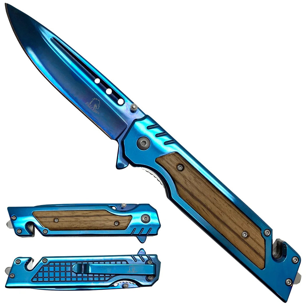 8.5" Blue Titanium Blade & Handle Spring Assisted Folding Pocket Knife With Clip