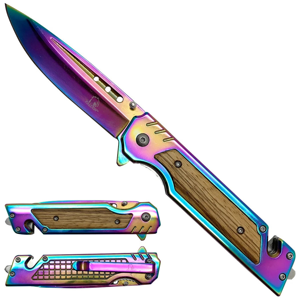 8.5" Rainbow Blade & Handle Spring Assisted Folding Pocket Knife With Clip