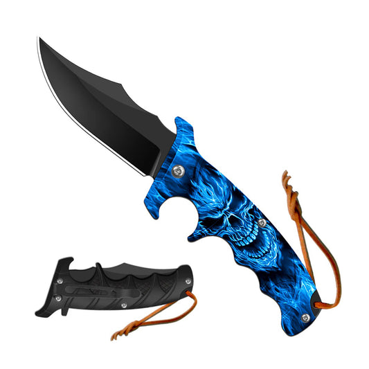 9" Blue Flame Skull Design Handle Spring Assisted Folding Knife With Belt Clip
