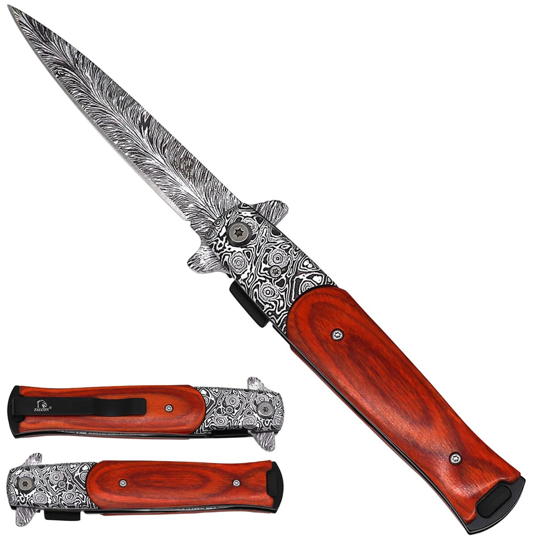 8.5" Damascus Pattern Blade & Bolster Wood Handle Spring Assisted Folding Pocket Knife With Clip