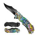 7.75" Blue Demon Handle Black Blade Spring Assisted Folding Knife With Belt Clip