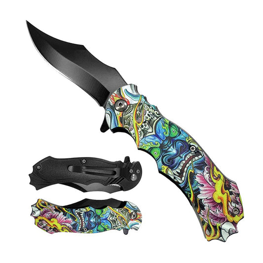7.75" Blue Demon Handle Black Blade Spring Assisted Folding Knife With Belt Clip