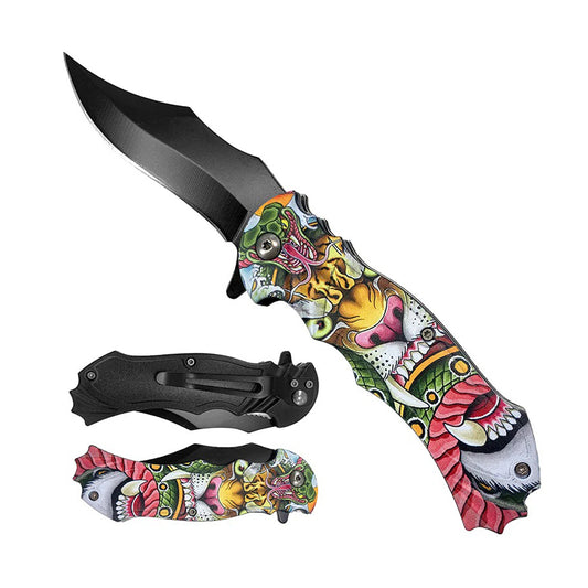 7.75" Tiger Design Handle Black Blade Spring Assisted Folding Knife With Belt Clip