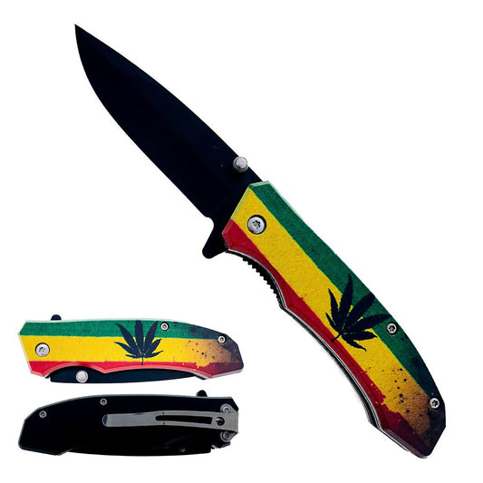 7" Black Blade Marijuana 3D Print ABS Handle Spring Assisted Folding Knife With Belt Clip