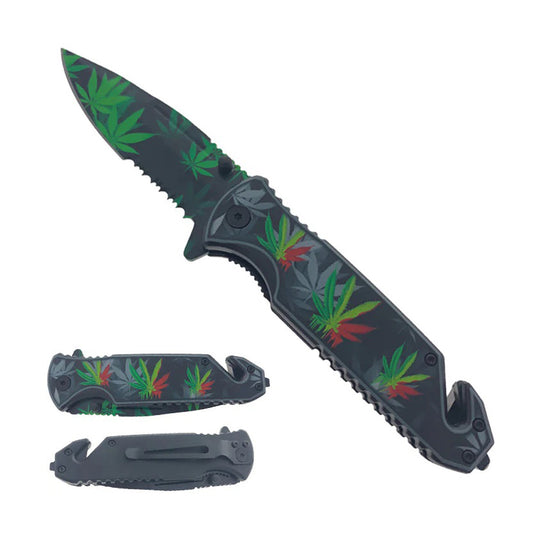 7.75" Green Marijuana Printed Semi Automatic Spring Assisted Folding Knife With Belt Clip