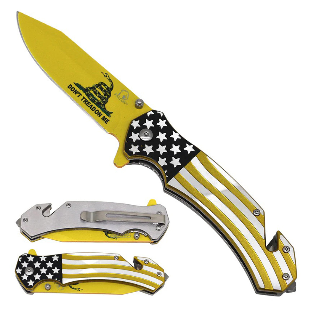 7" Don't Thread on Me Design Blade USA Flag Handle Spring Assisted Folding Knife With Belt Clip